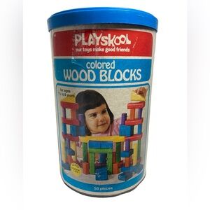 Vintage Playskool Original Canister 42 Colored Wooden Blocks Assorted Sizes 1977